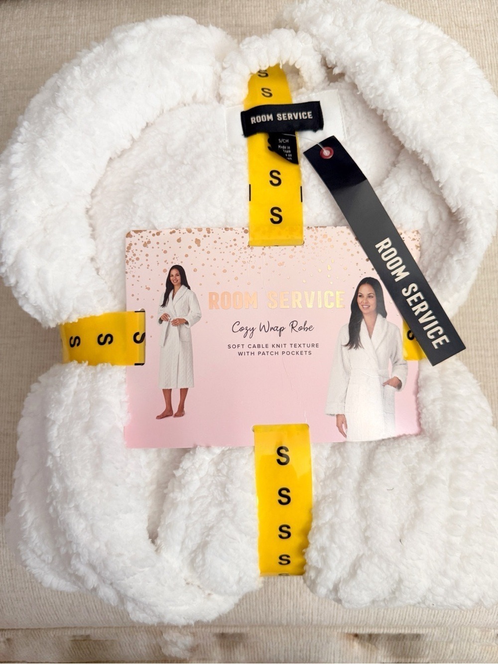 NEW WITH TAGS-Room Service Women Cozy Soft Cable Knit Texture Ivory Wrap Robe SM